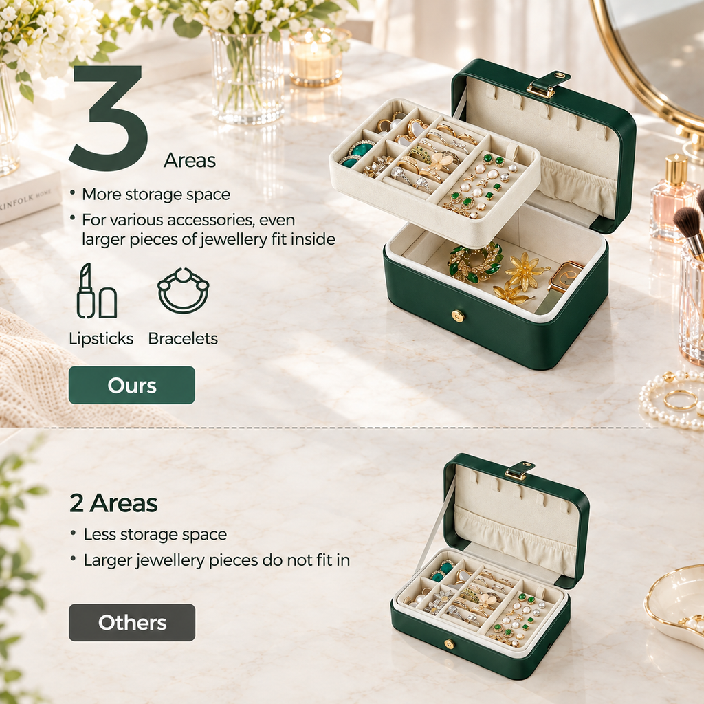 Nordic Hygge 2-Layer Portable Travel Jewelry Case, Retro Green Luxe Organizer