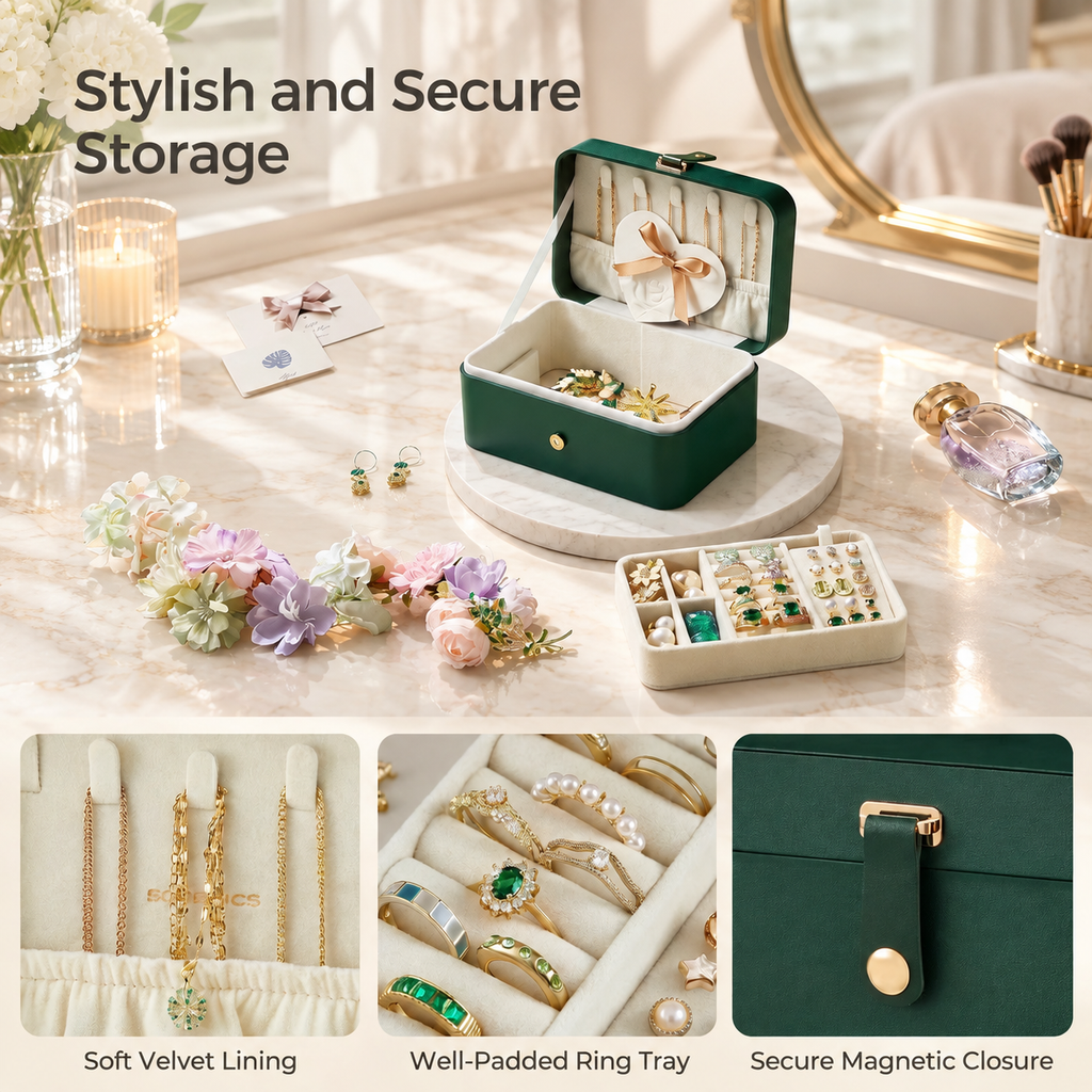 Nordic Hygge 2-Layer Portable Travel Jewelry Case, Retro Green Luxe Organizer