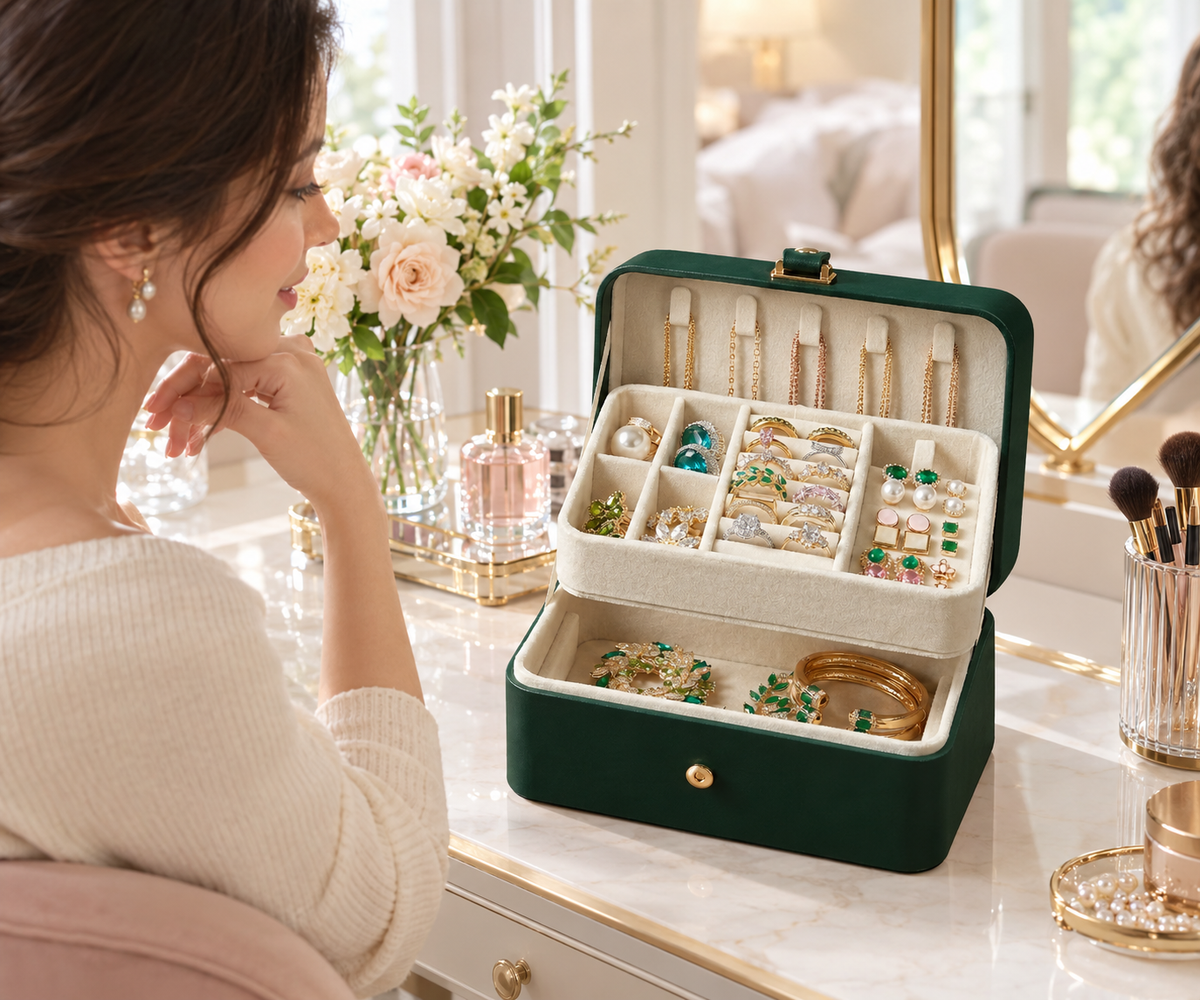 Nordic Hygge 2-Layer Portable Travel Jewelry Case, Retro Green Luxe Organizer