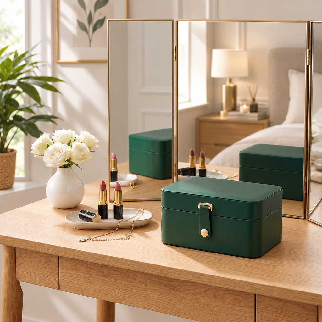 Nordic Hygge 2-Layer Portable Travel Jewelry Case, Retro Green Luxe Organizer