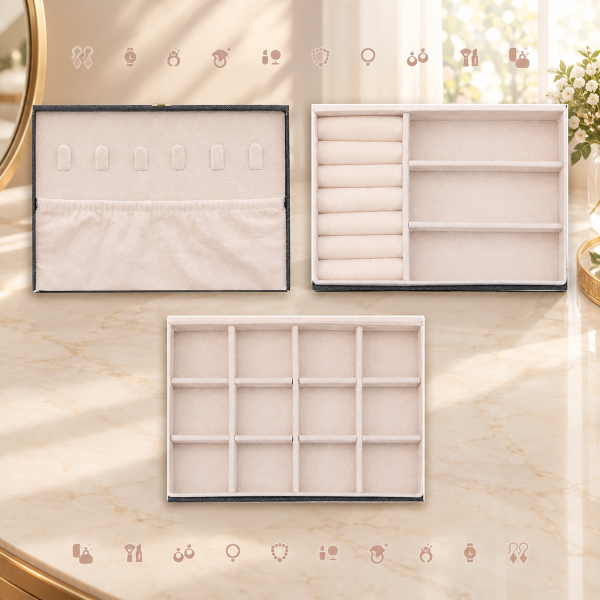 Unique Bargains 2 Layer Jewelry Box PU Leather Jewelry Case for Earring Necklace Ring Beige