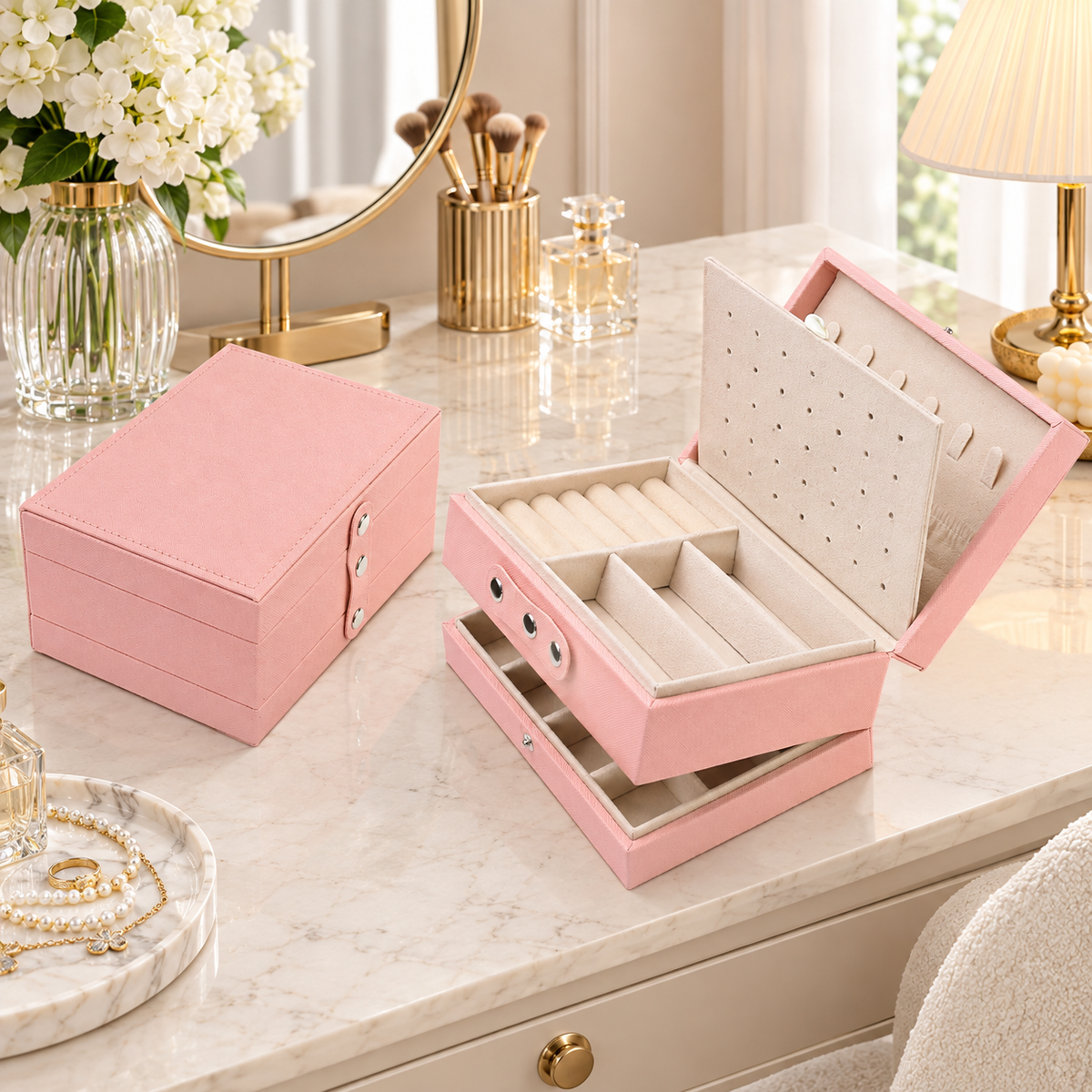Unique Bargains 2 Layer Jewelry Box PU Leather Jewelry Case for Earring Necklace Ring Beige