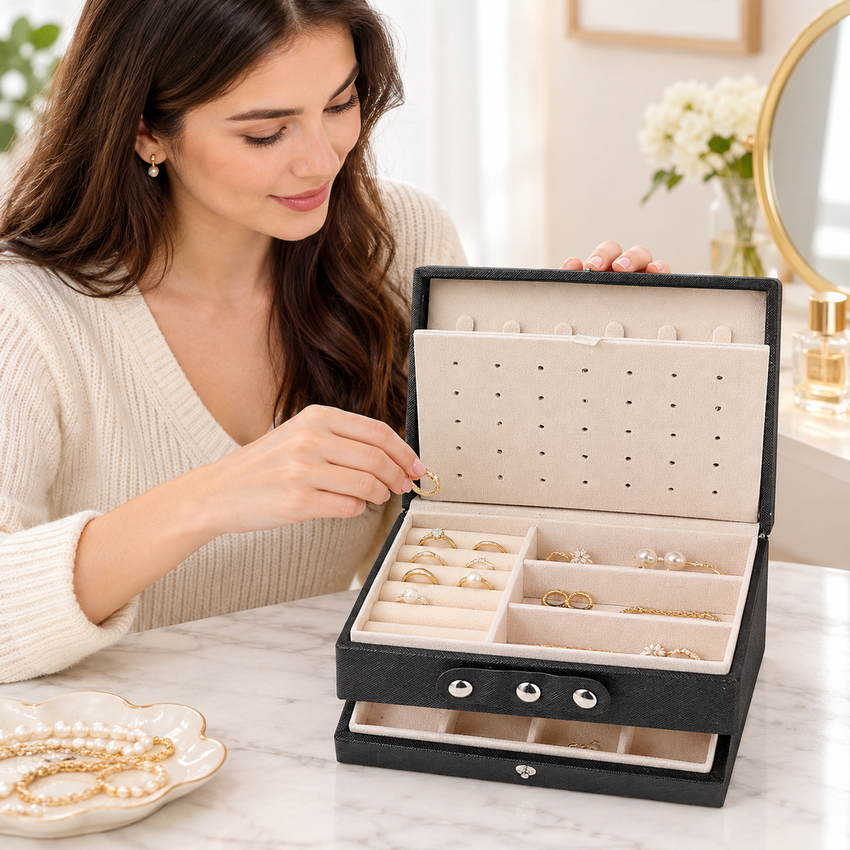 Unique Bargains 2 Layer Jewelry Box PU Leather Jewelry Case for Earring Necklace Ring Beige