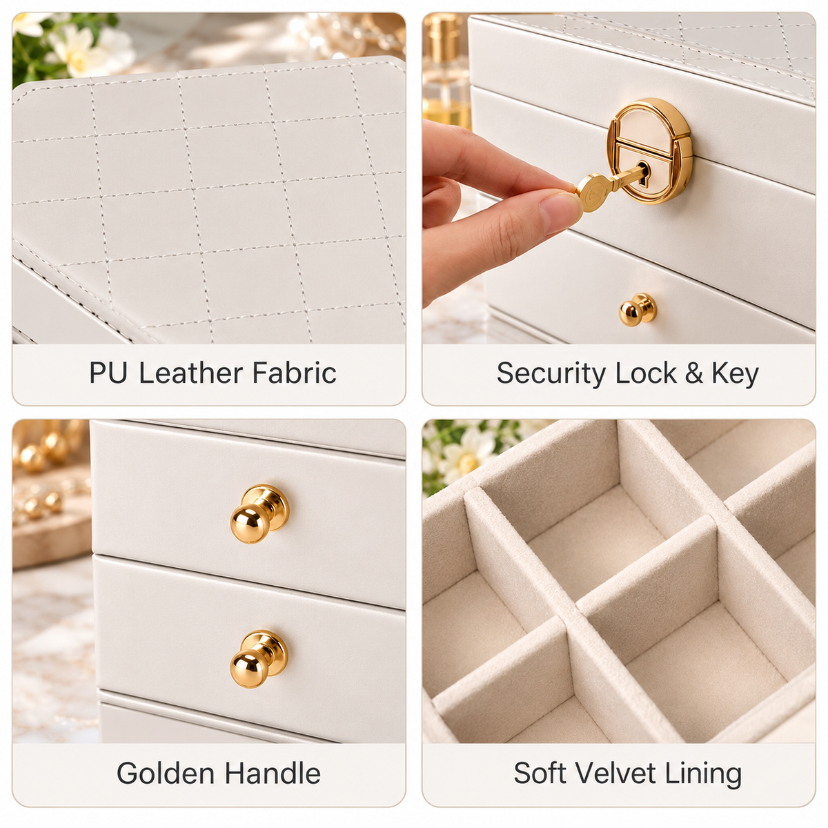 Jewelry Box Organizer for Women Girls, PU Leather Jewelry Organizer Storage, 2 Layers Jewellery Case Holder for Earrings Bracelets Rings Watches, White