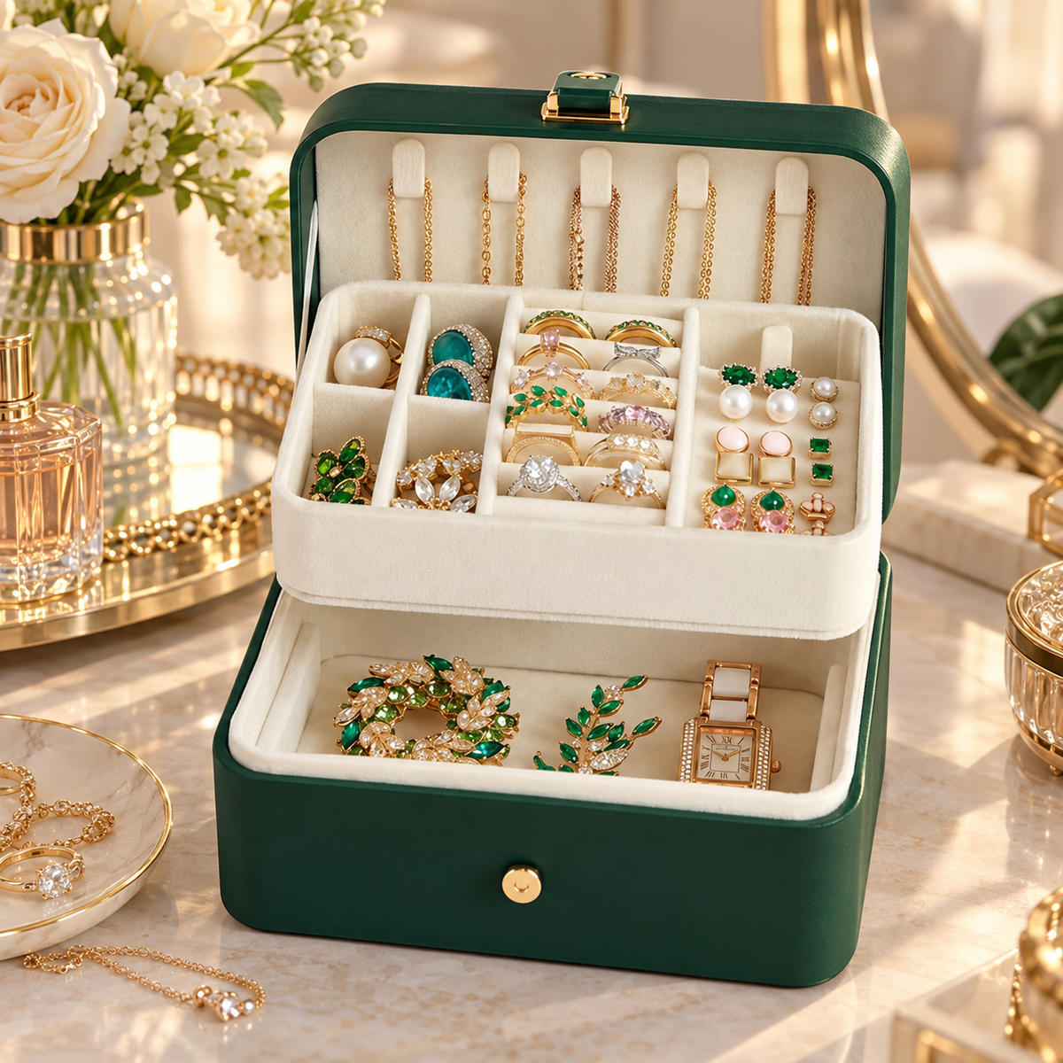 Nordic Hygge 2-Layer Portable Travel Jewelry Case, Retro Green Luxe Organizer